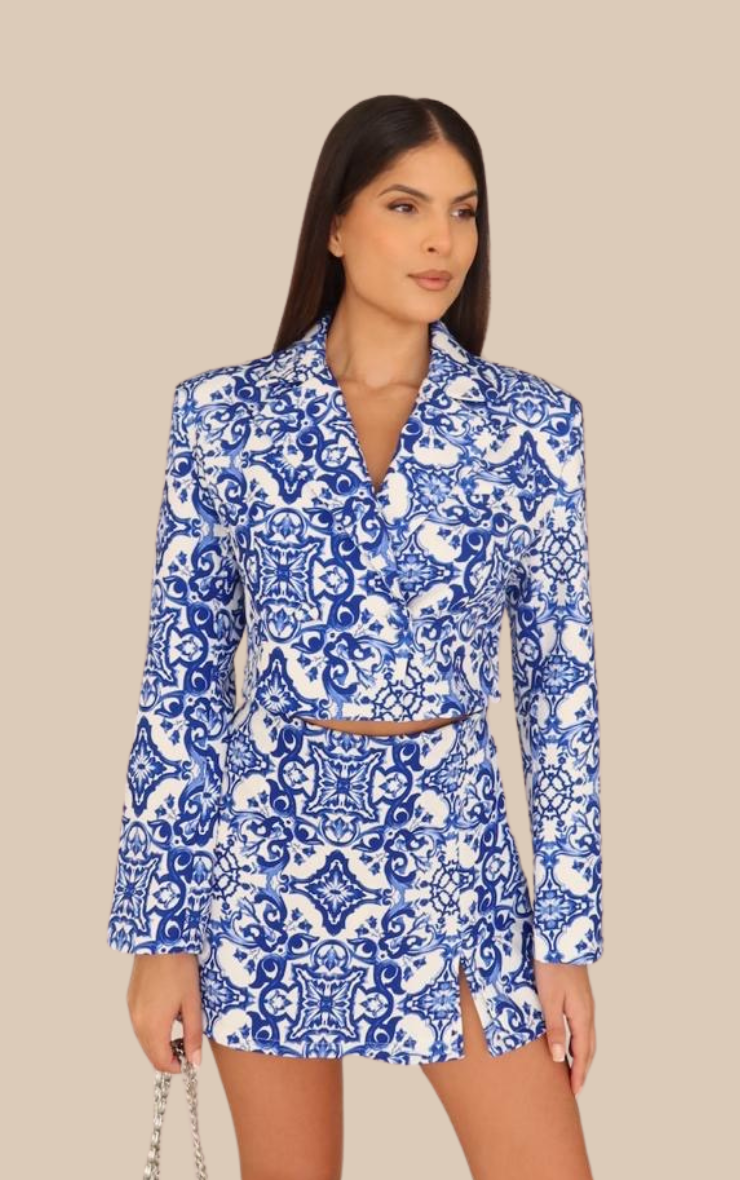 Evelyn Blue Patterned Crop Blazer & Skort