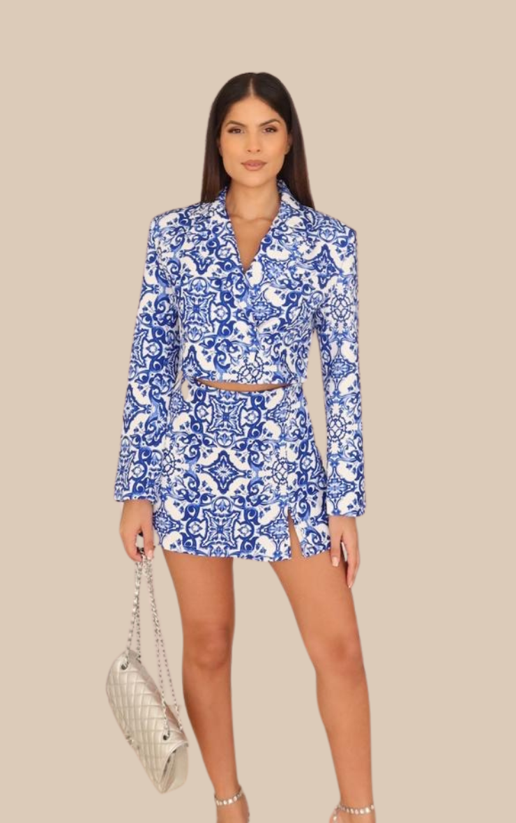 Evelyn Blue Patterned Crop Blazer &  Skort