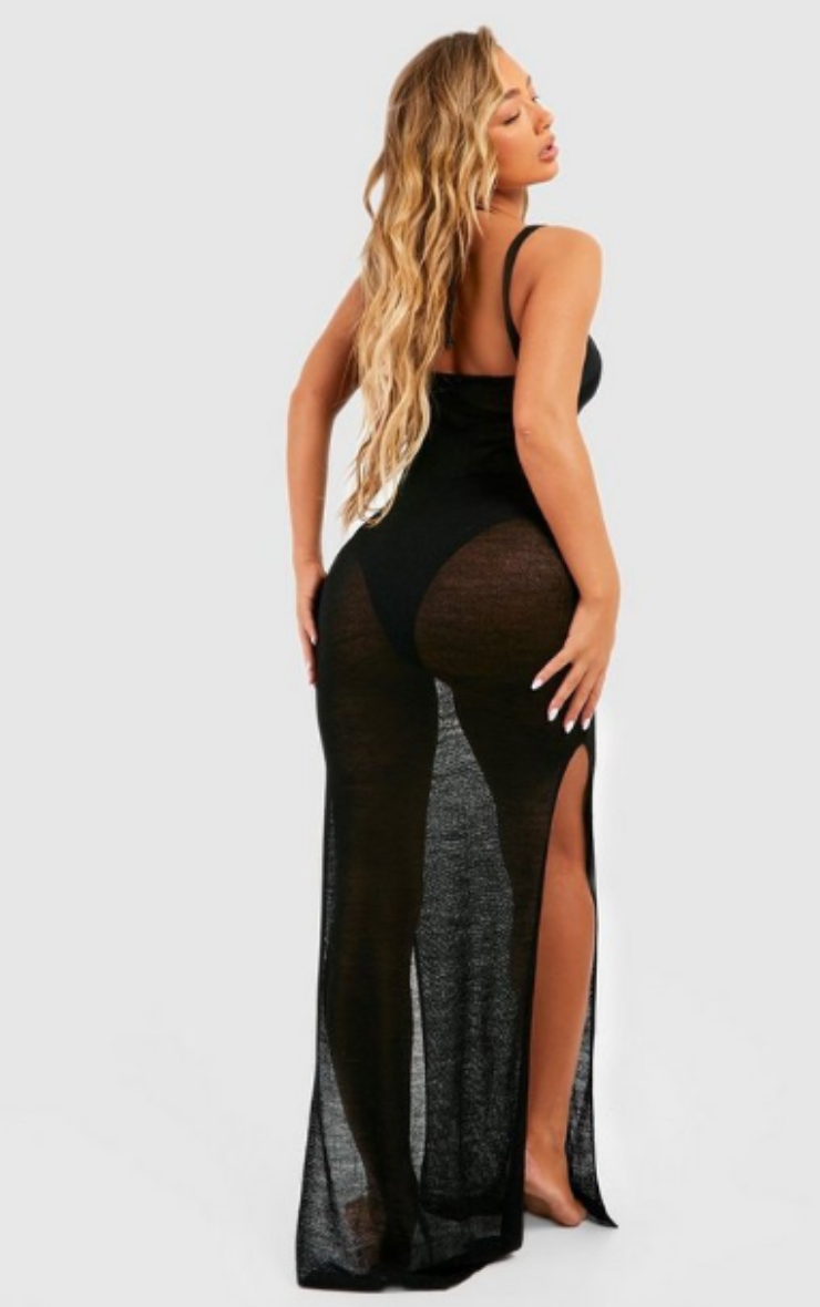 Black Crochet Knit Strappy Beach Maxi Dress