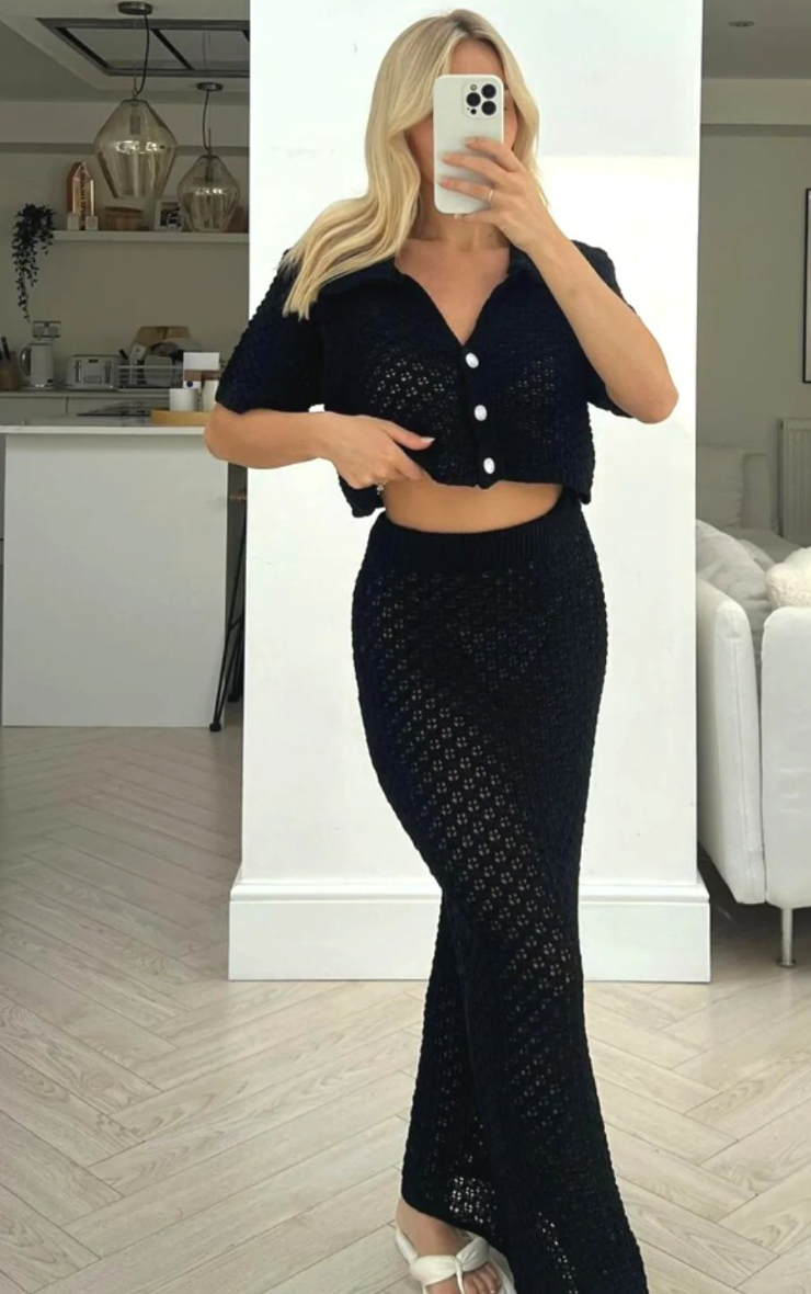 Diana Black Crochet Cardigan Skirt Coord