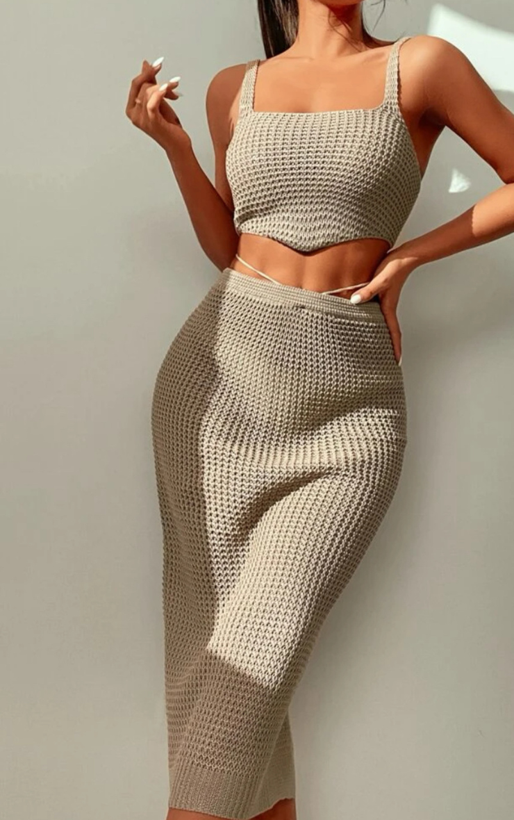 Khaki Square Neck Top & Skirt